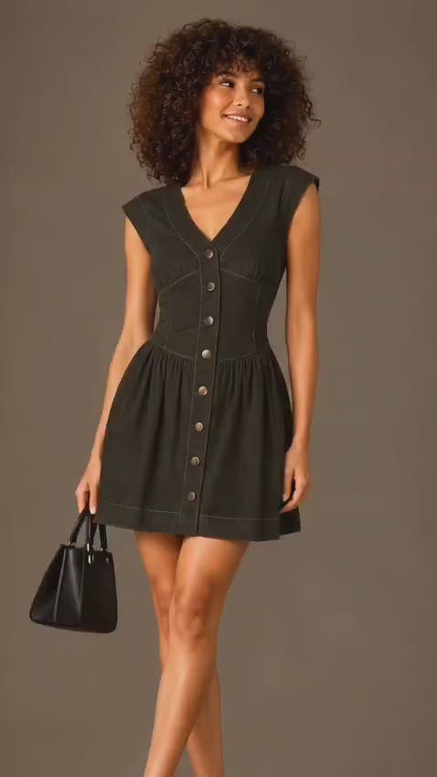 Olive Green Button-Front Cotton Mini Dress