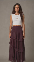 Burgundy Smocked Ruffle High-Low Maxi Skirt