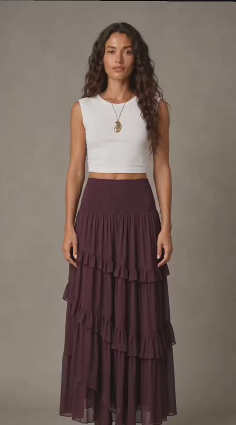 Burgundy Smocked Ruffle High-Low Maxi Skirt