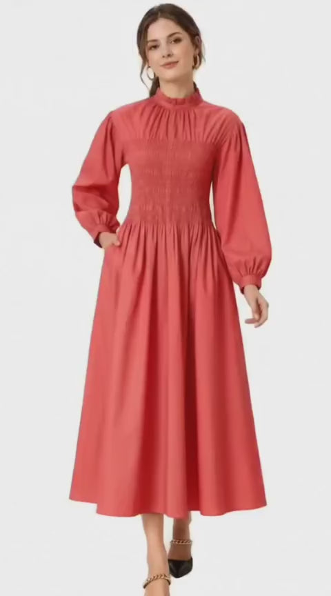 Smocked High-Neck Cotton Midi Dress