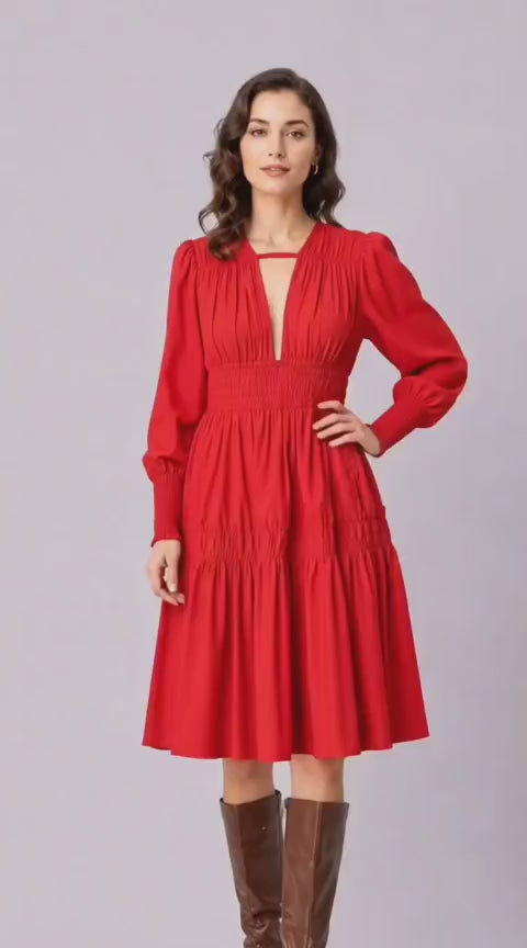 Plunge Cotton Poplin Ruched Tier Dress