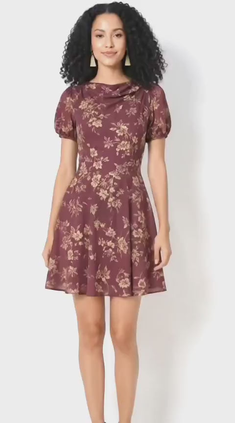Drape Neck Floral Print Fit & Flare Dress