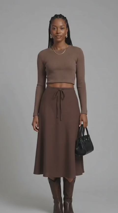 Chocolate Brown Drawstring A-Line Midi Skirt