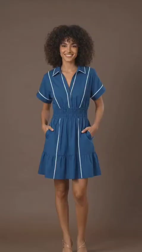 Teal Blue Cotton Piped Shirt Dress