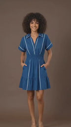 Teal Blue Cotton Piped Shirt Dress