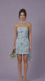 Sky Blue Floral Strapless Mini Dress