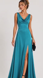 Turquoise Blue Heavy Crepe Draped Cowl Neck Maxi Dress with Front Slit