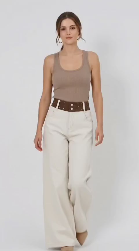 Studded Waist Wide Leg Denim Jeans