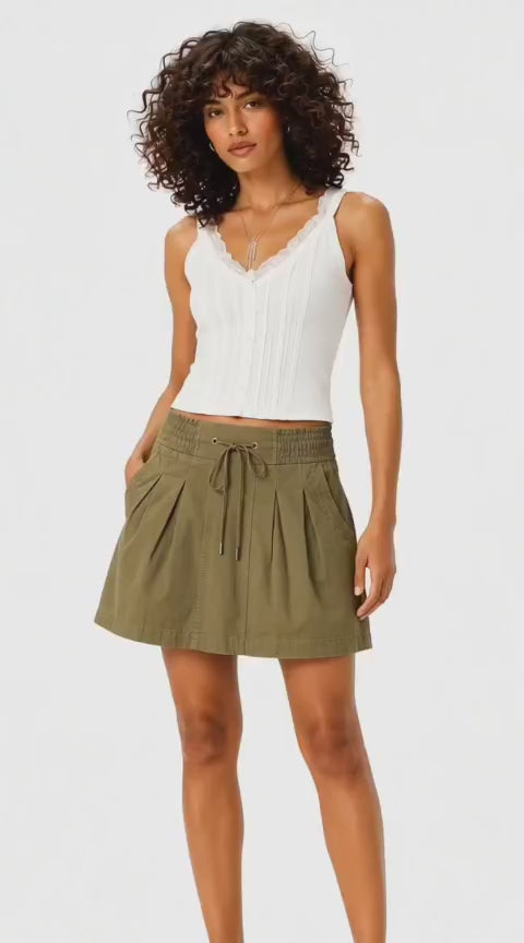 Olive Pleated Drawstring Mini Skirt