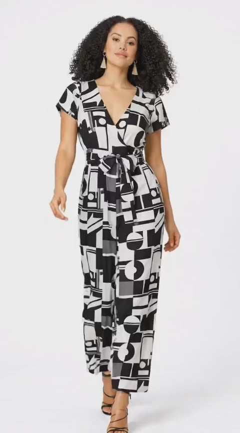 Geo Print Satin Surplice Jumpsuit