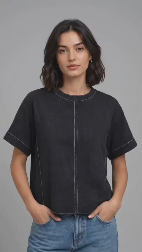 Women’s Black Denim Relaxed Fit Short Sleeve Top