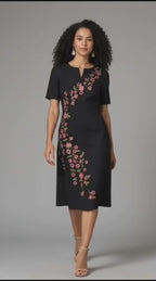Floral Embroidered Linen Blend Midi Dress