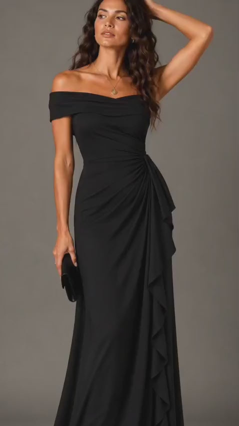 Black Crepe Off-Shoulder Draped Maxi Dress with Ruffle Detail