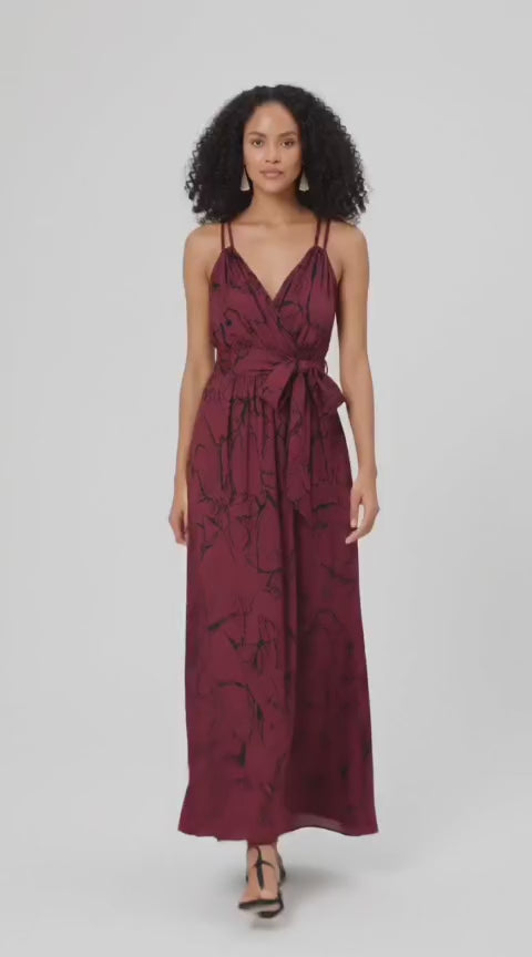 Bow Tie Ribbon Print Crepe Strappy Surplice Dress