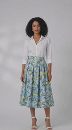 Sky Blue Lemon Blossom Pleated Midi Skirt