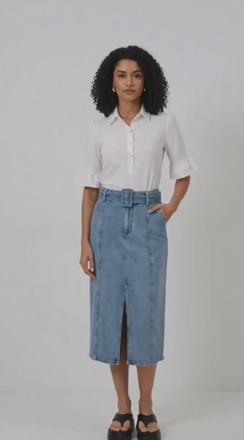 Belted Denim Midi Pencil Skirt