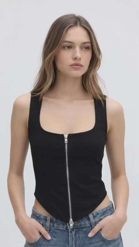 Women’s Black Twill Zip-Front Fitted Top