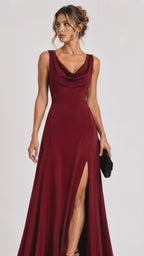 Burgundy Heavy Crepe Draped Cowl Neck Maxi Dress with Front Slit