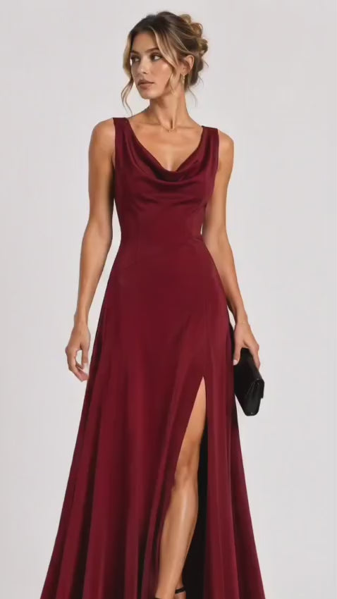Burgundy Heavy Crepe Draped Cowl Neck Maxi Dress with Front Slit