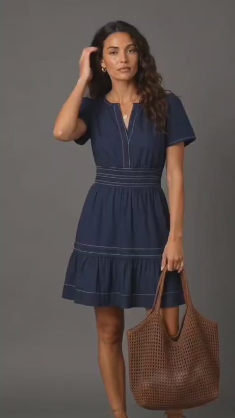 Navy Blue Tiered Cotton Mini Dress
