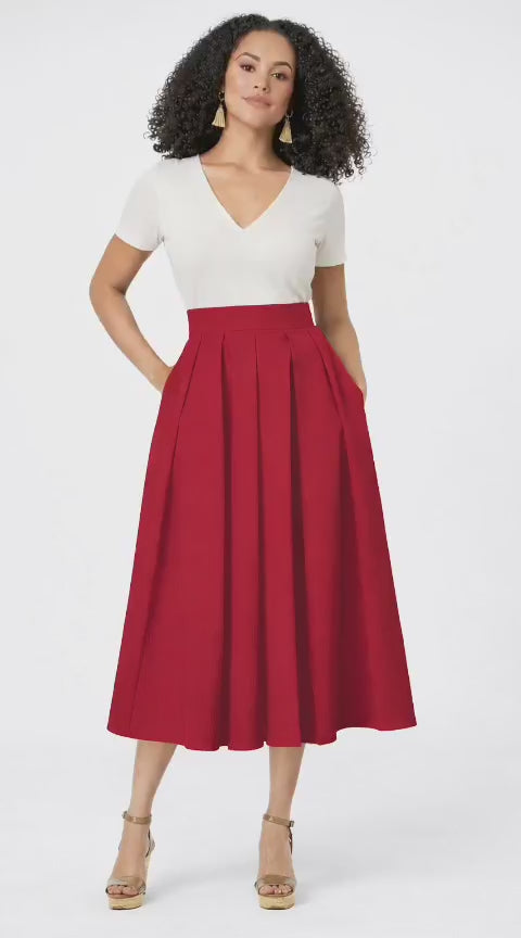 Pleated Cotton Poplin Midi Skirt