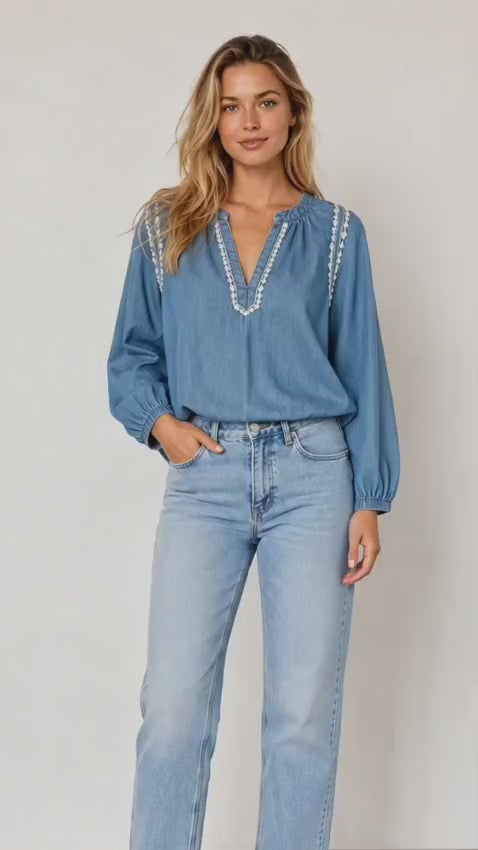Blue Cotton Denim V-Neck Lace Trim Full Sleeve Top