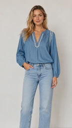 Blue Cotton Denim V-Neck Lace Trim Full Sleeve Top