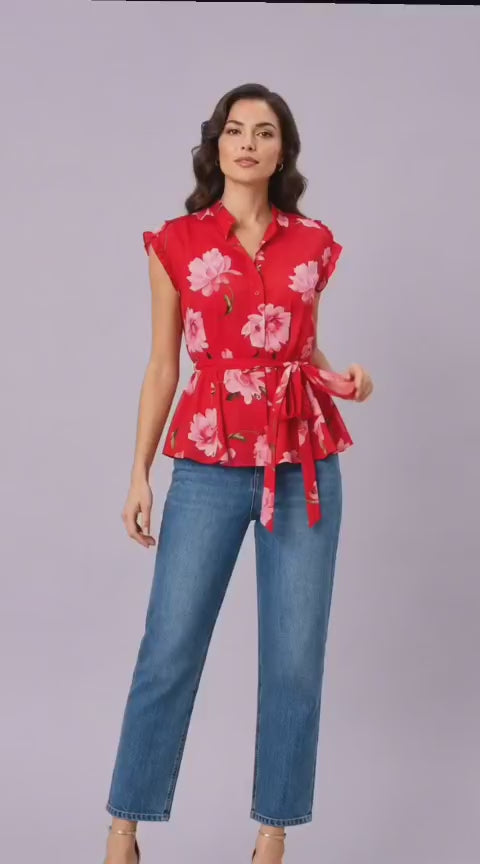 Ruffle Trim Floral Print Georgette Peplum Blouse