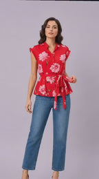 Ruffle Trim Floral Print Georgette Peplum Blouse
