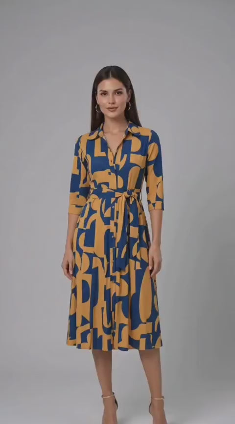 Abstract Print Crepe Sash-Tie Shirtdress