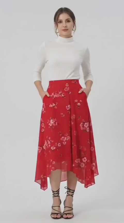 Asymmetric Flounce Hem Floral Print Georgette Skirt