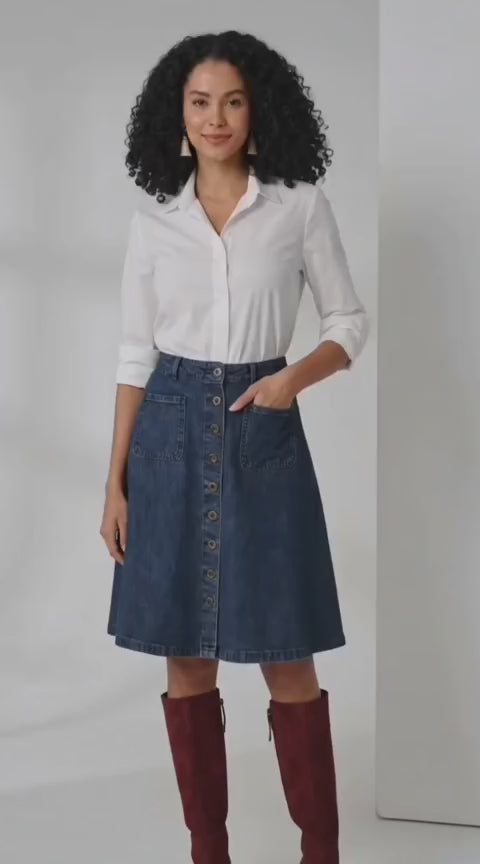 Dark Wash Button-Front Denim A-Line Skirt