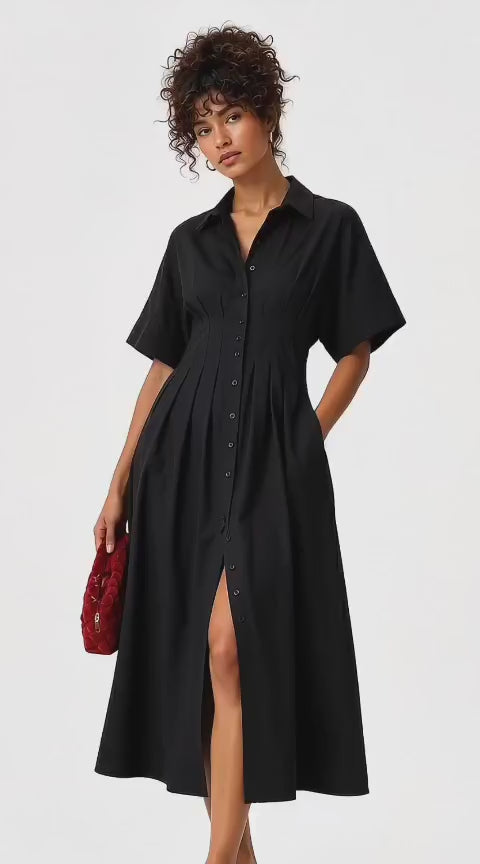 Black Cotton Shirt Midi Dress