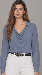 Women’s Blue Rayon Cowl-Neck Blouse