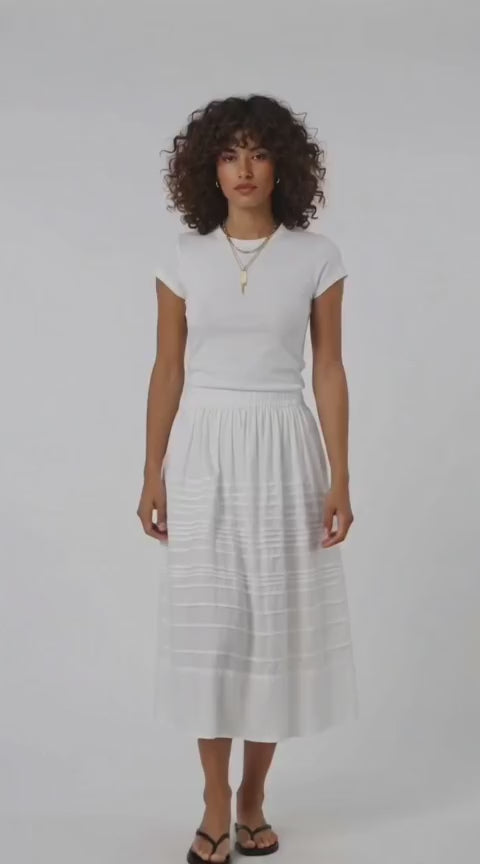 White Pintuck A-Line Midi Skirt