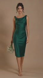 Emerald Satin Draped Midi Dress
