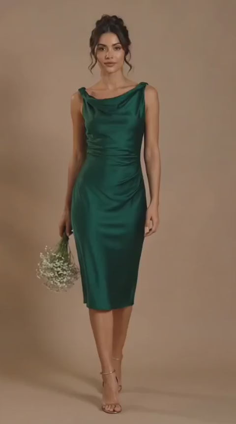 Emerald Satin Draped Midi Dress