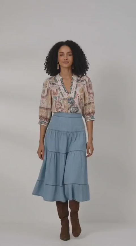 Ice Blue Tiered Denim Midi Skirt