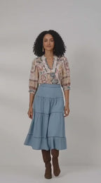 Ice Blue Tiered Denim Midi Skirt