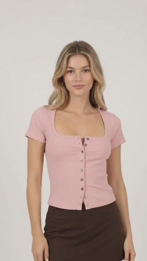 Women’s Pink Rib Jersey Button-Front Fitted Top