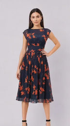 Floral Print Georgette Pleated Empire Dress