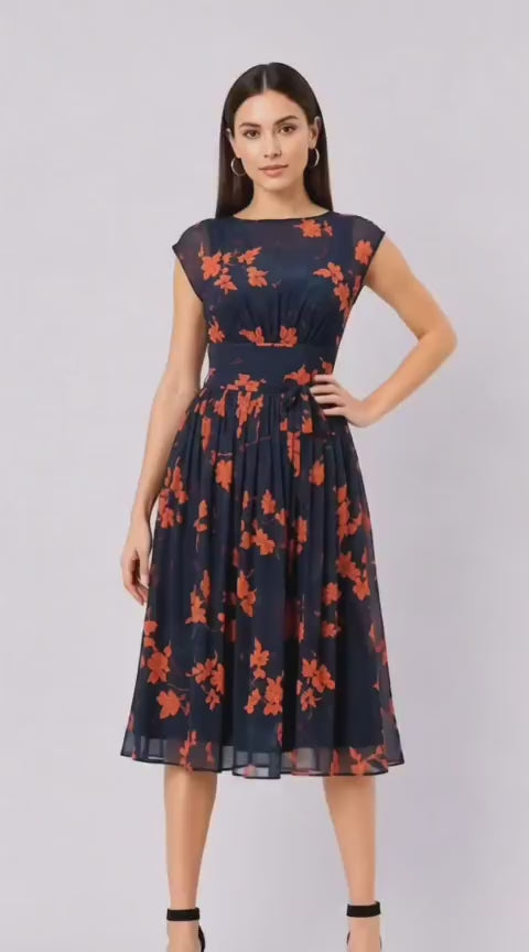Floral Print Georgette Pleated Empire Dress