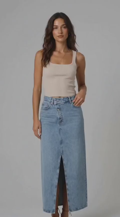 Light Wash Denim Front-Slit Maxi Skirt