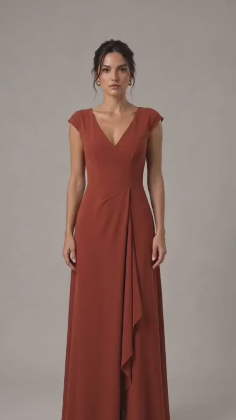 Rust Orange Heavy Crepe Wrap-Style Maxi Dress with V-Neck and Ruffle Detail
