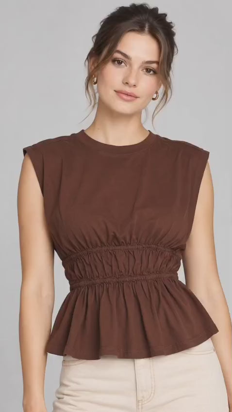 Women’s Brown Cotton Sleeveless Peplum Top