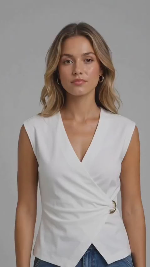 White Poly Rayon Wrap Front V-Neck Sleeveless Top with Buckle Detail