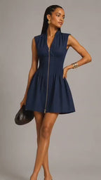 Navy Blue Zip-Front Mini Dress