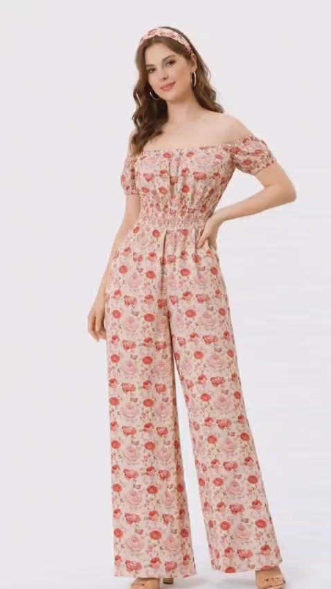 Floral Print Cotton Poplin Smocked Waist Jumpsuit