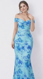 Blue Floral Off-Shoulder Mermaid Maxi Dress