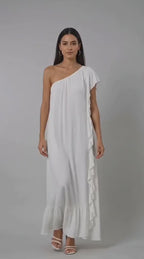 One-Shoulder Ruffle Rayon Crinkle Maxi Dress